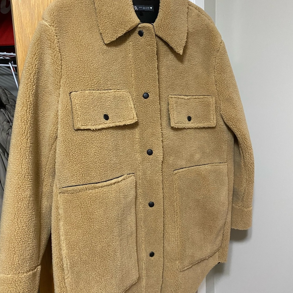 NEVER WORN ZARA LONG TEDDY COAT (leather inside)